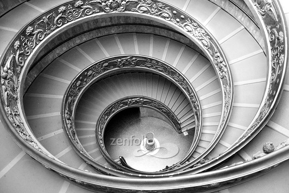 Black and White photograph of the spiral walkway at the Vatican Museum by Crystal Nederman