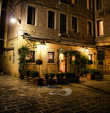 Night time photograph of a quaint inn on the streets of Venice, Italy by Crystal Nederman