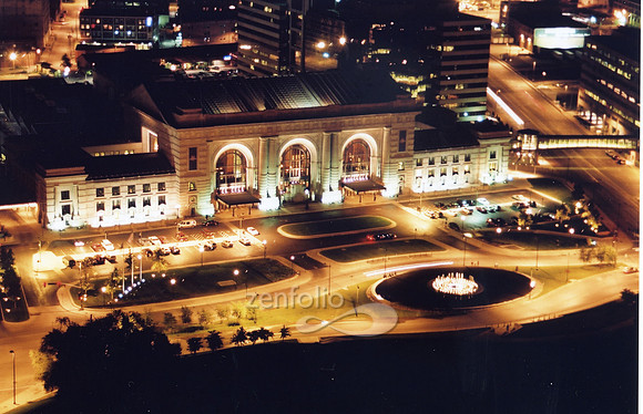 Color photograph of Union Station and fountain from the top of Liberty Memorial