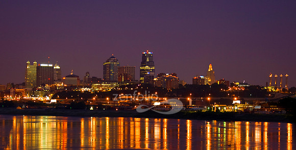 Kansas City skyline, color photograph, reflecting in the river a Kaw Point