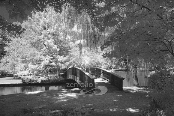 Black and white infrared photograph of the Loose Park Bridge in Kansas City, MO
